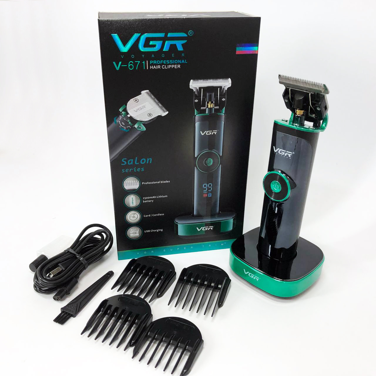 Машинка для стрижки волосся VGR V-671 з акумулятором 400 хв роботи, LED-дисплеєм і насадками — изображение 15