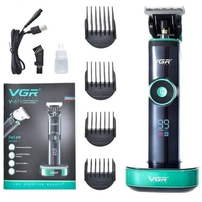 Машинка для стрижки волосся VGR V-671 з акумулятором 400 хв роботи, LED-дисплеєм і насадками