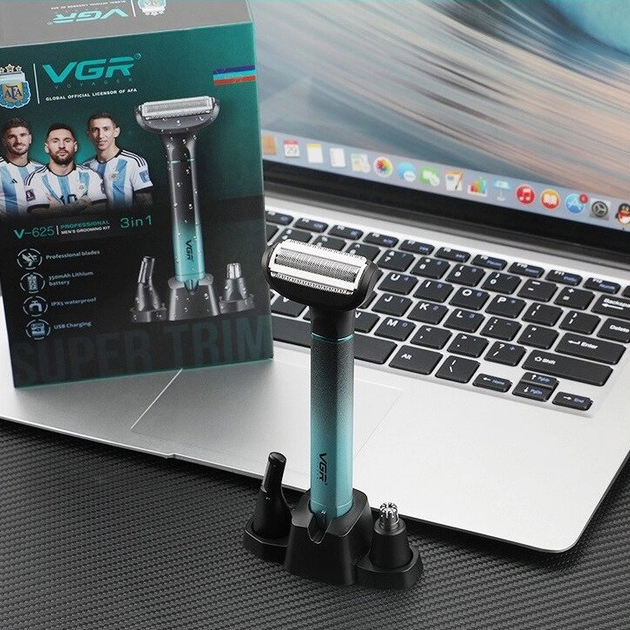 Електробритва 3 в 1 VGR V-625 Акумуляторний триммер для носа, вух, тіла та брів з підставкою — изображение 2