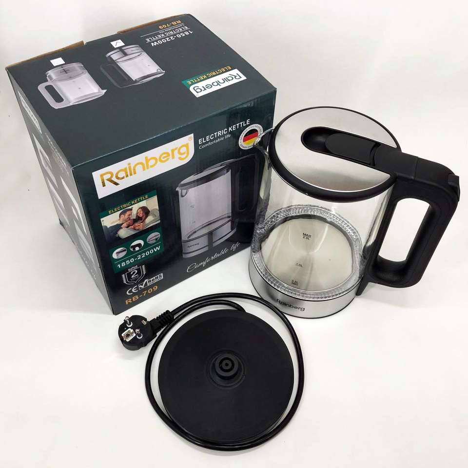 Дисковий електричний чайник Rainberg RB-709 скляний із підсвічуванням, безшумний чайник. Колір: чорний — изображение 7