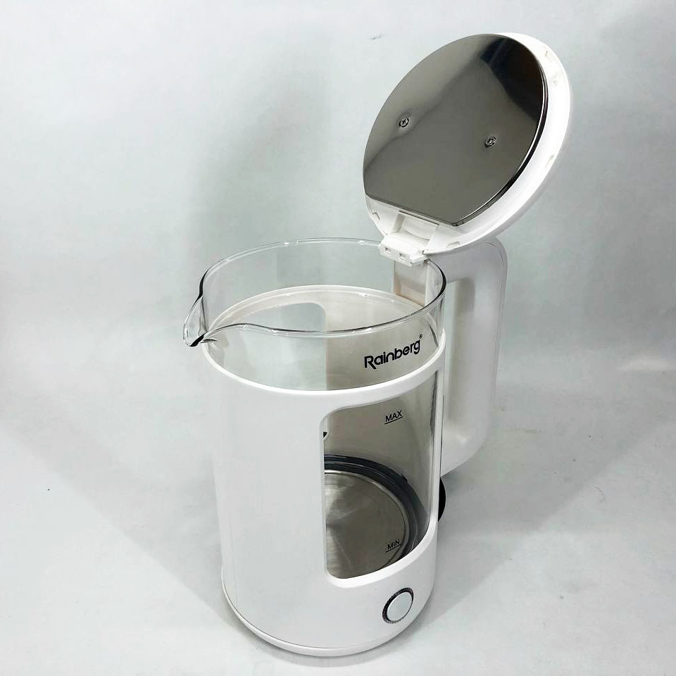Електрочайник Rainberg RB-2220 скляний дисковий прозорий. Чайник із підсвічуванням 2200 Вт. Колір: білий — изображение 11
