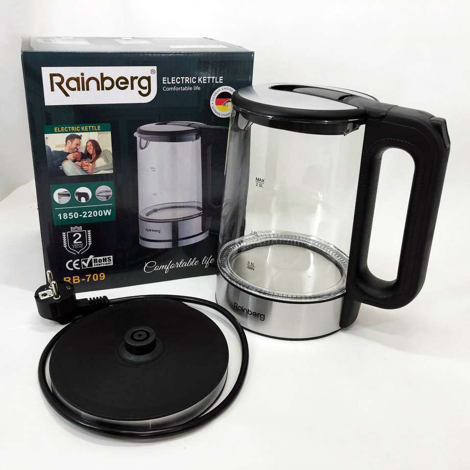 Дисковий електричний чайник Rainberg RB-709 скляний із підсвічуванням, безшумний чайник. Колір: чорний — изображение 6