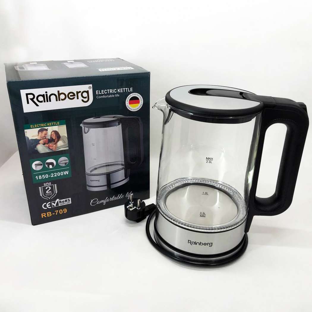 Дисковий електричний чайник Rainberg RB-709 скляний із підсвічуванням, безшумний чайник. Колір: чорний — изображение 8