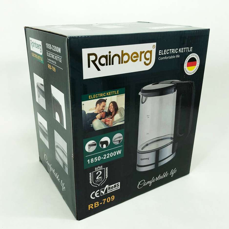 Дисковий електричний чайник Rainberg RB-709 скляний із підсвічуванням, безшумний чайник. Колір: чорний — изображение 4