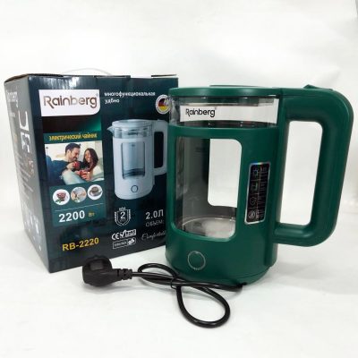 Електрочайник Rainberg RB-2220 скляний дисковий прозорий з підсвічуванням 2200 Вт. Колір: зелений