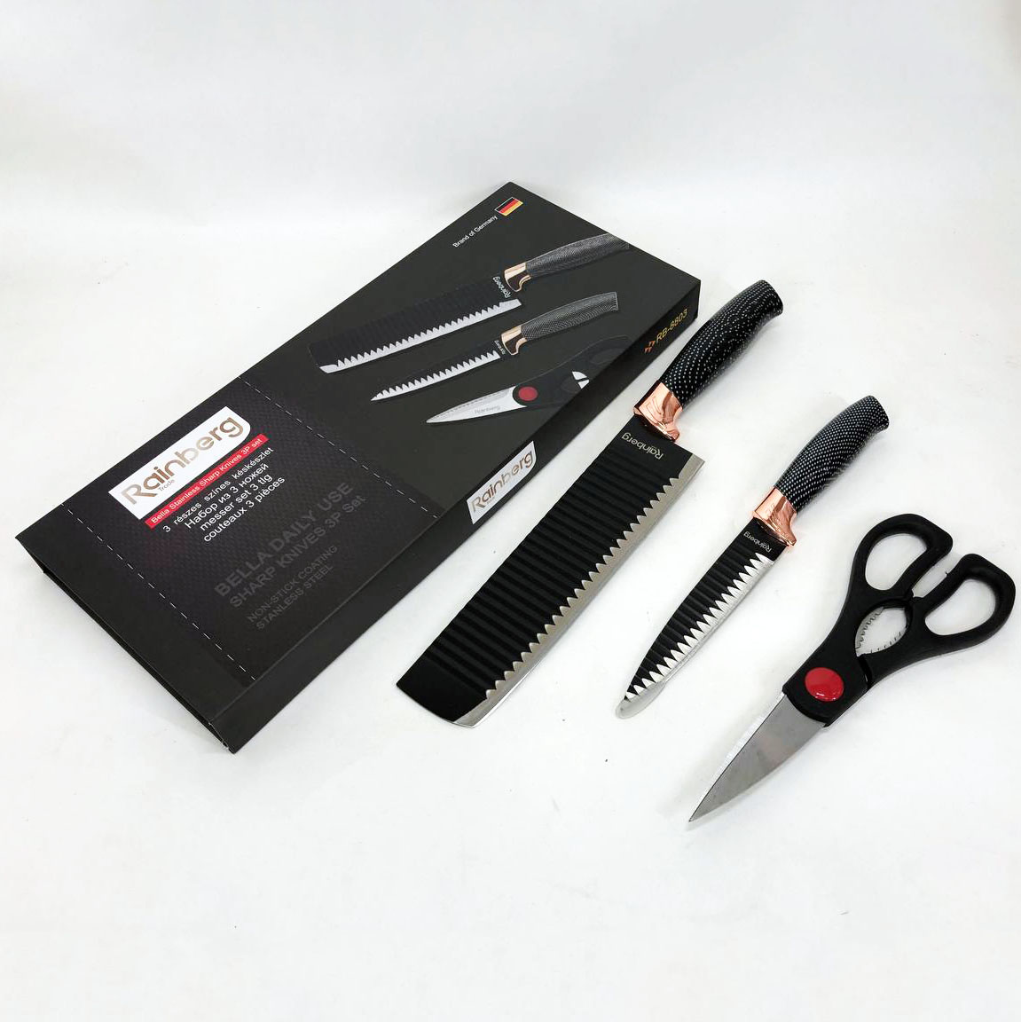 Набір кухонних ножів Rainberg RB-8803 3 в 1 з нержавіючої сталі з керамічним покриттям. — изображение 5