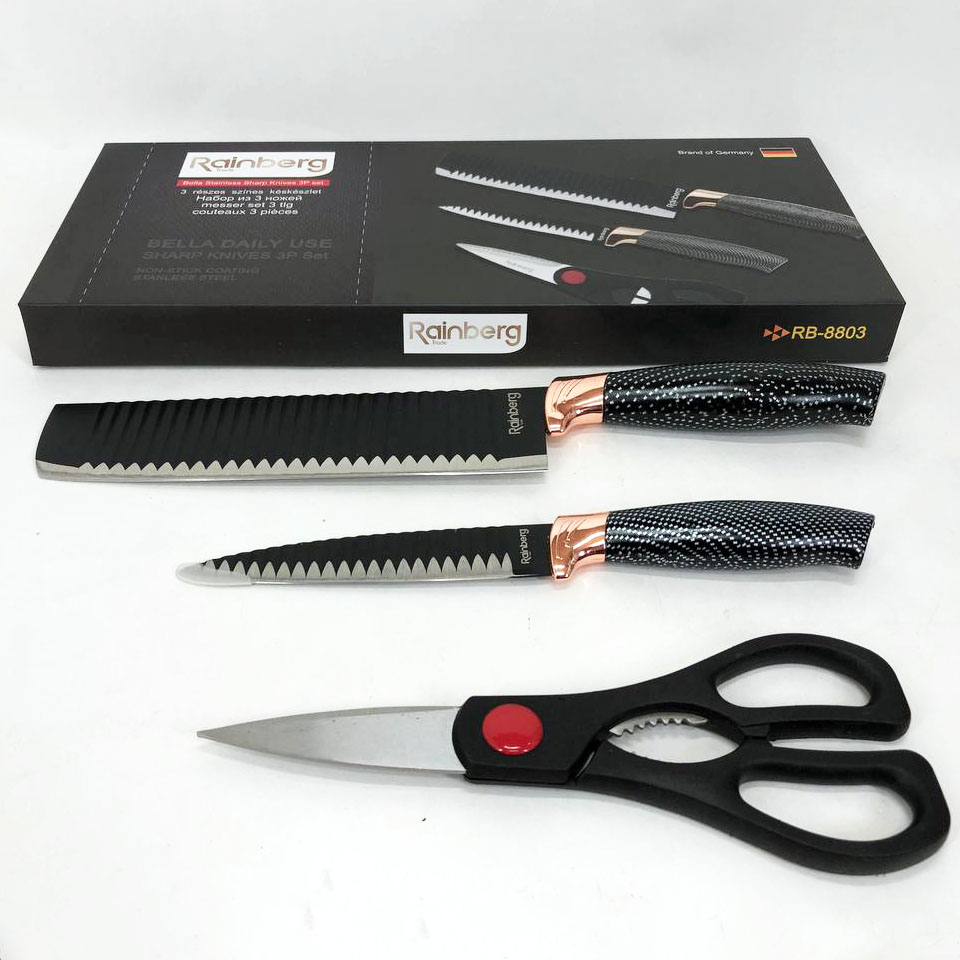 Набір кухонних ножів Rainberg RB-8803 3 в 1 з нержавіючої сталі з керамічним покриттям. — изображение 3