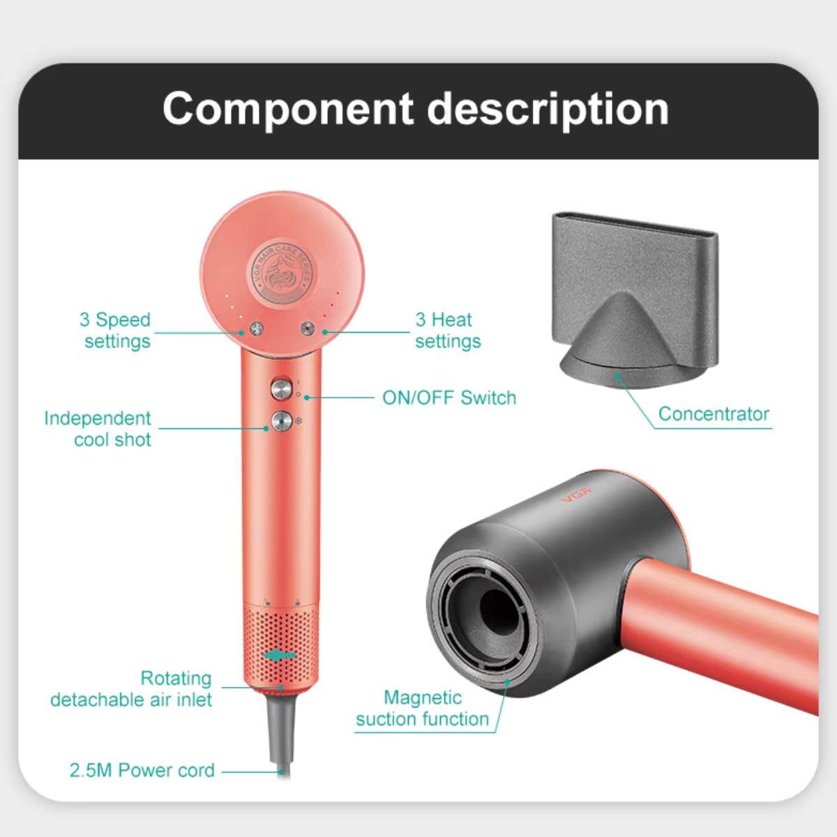 Професійний фен VGR V-440 — BLDC 1400 Вт, іонізація — изображение 14