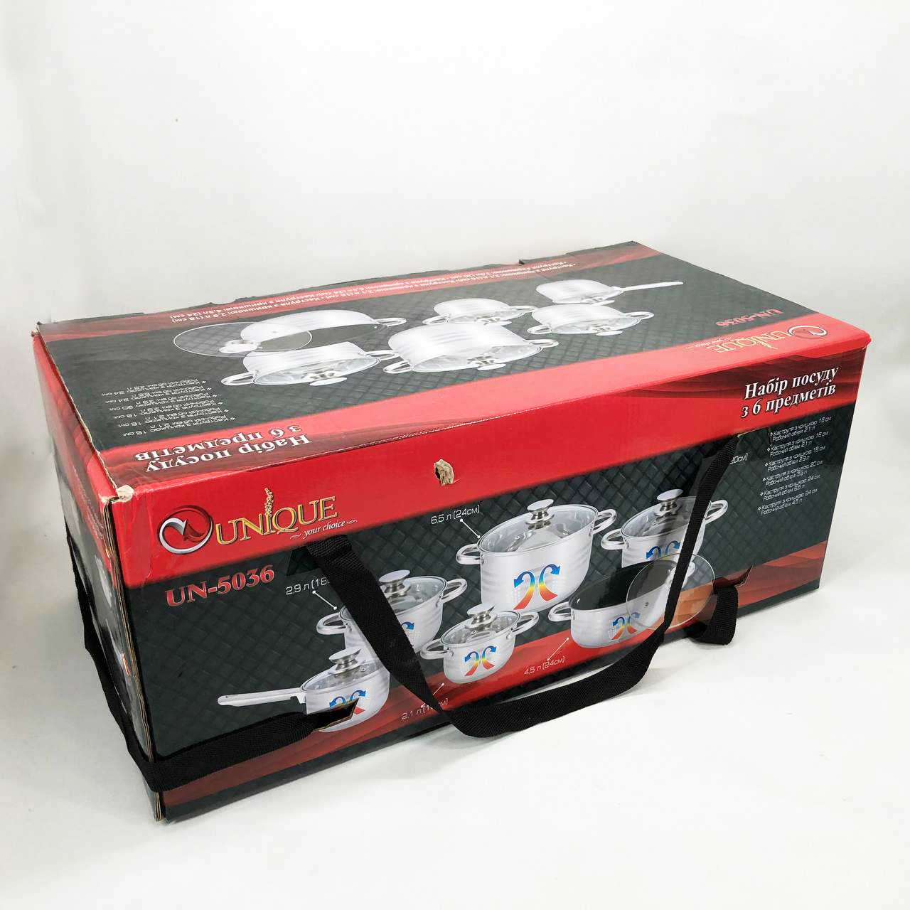 Набір посуду UNIQUE UN-5036 з нержавіючої сталі з товстим 5-ти шаровим дном з скляними склянками 12 предметів — изображение 4