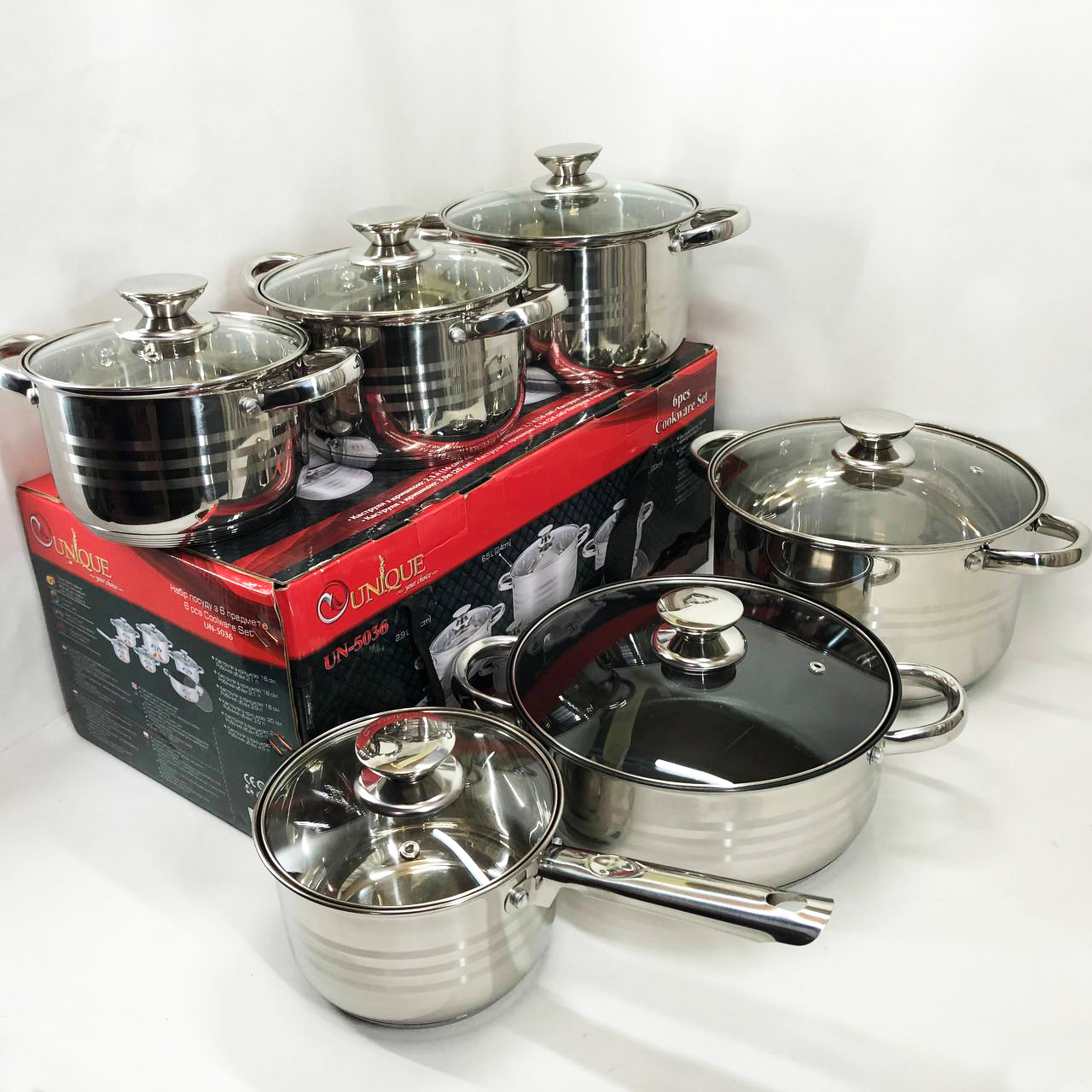 Набір посуду UNIQUE UN-5036 з нержавіючої сталі з товстим 5-ти шаровим дном з скляними склянками 12 предметів — изображение 13