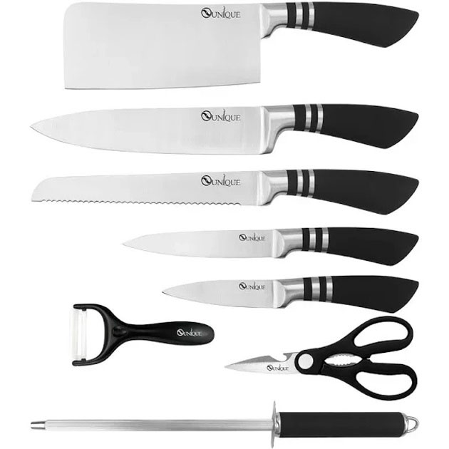 Набір ножів UNIQUE UN-1835 9 предметів точилка овочечистка нержавіюча сталь на підставці — изображение 4