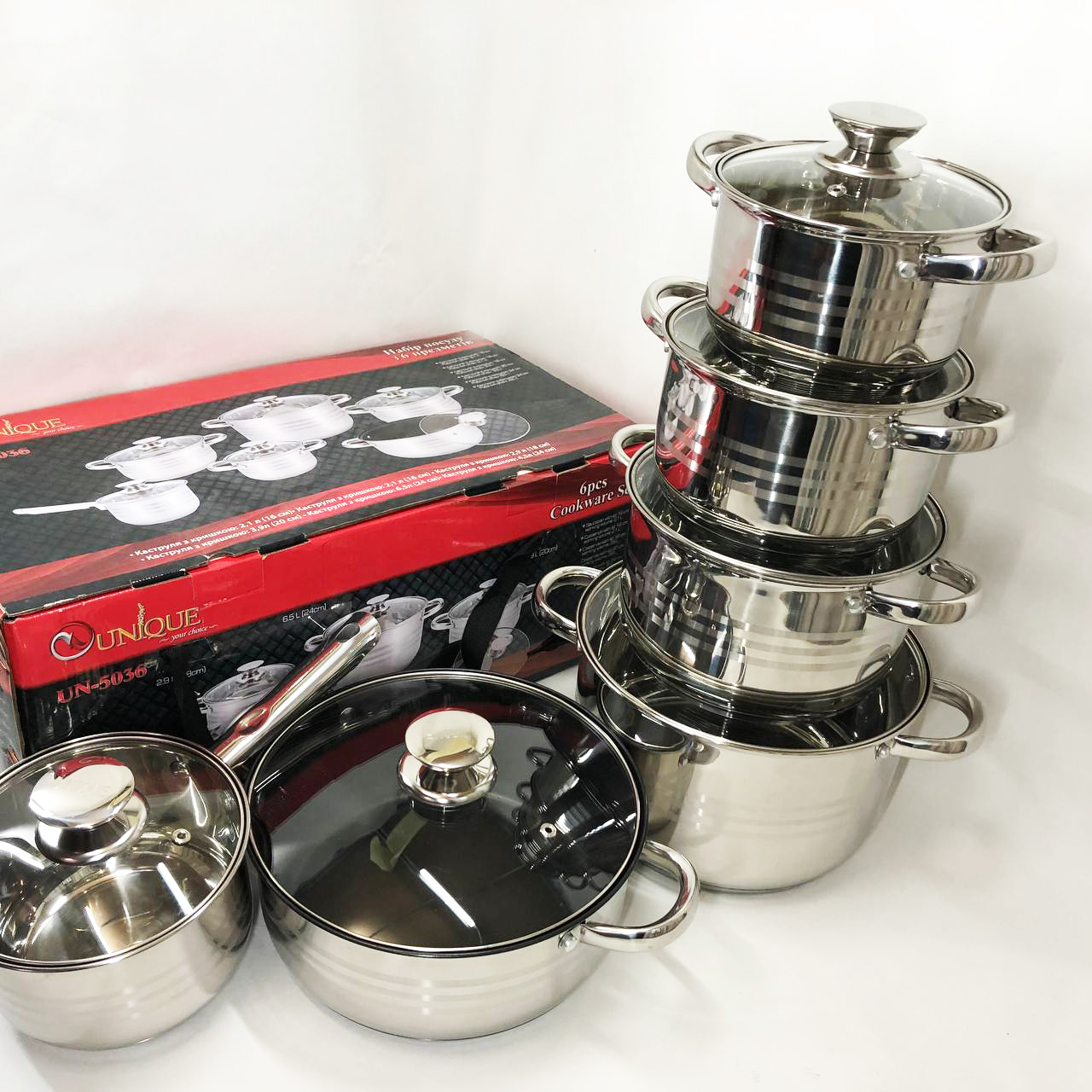 Набір посуду UNIQUE UN-5036 з нержавіючої сталі з товстим 5-ти шаровим дном з скляними склянками 12 предметів — изображение 7