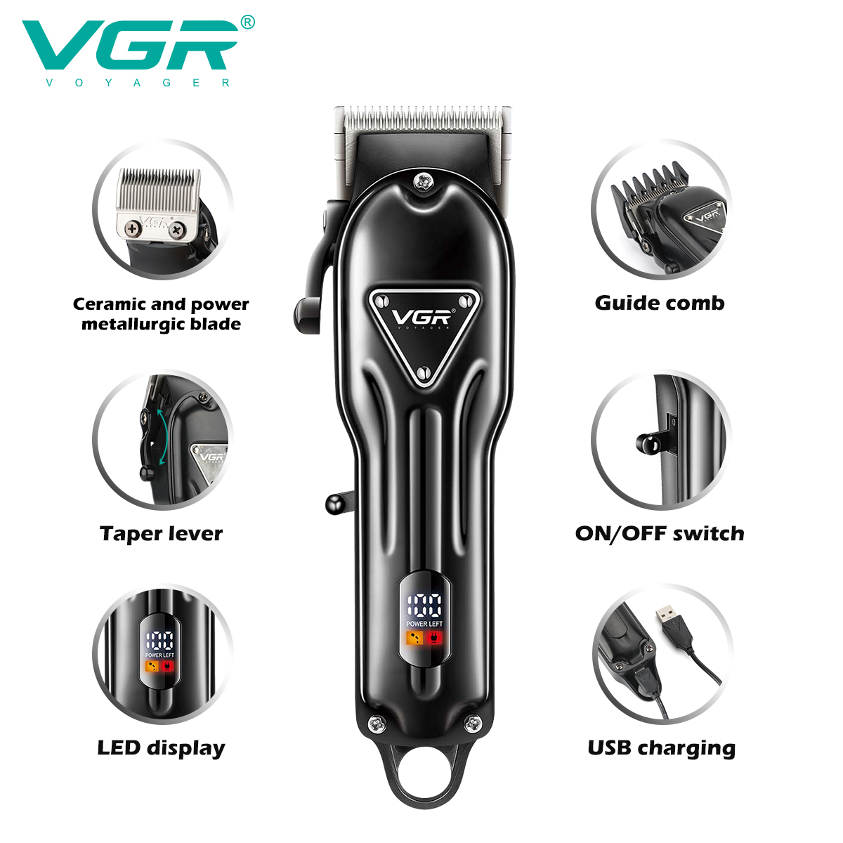 Машинка для стрижки VGR V-051 — до 300 хв роботи, DLC-лезвія, USB-C — изображение 6