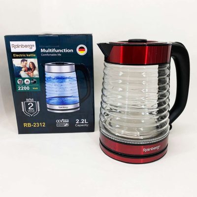 Електрочайник Rainberg RB-2312 скляний дисковий чайник 2.2л 2200Вт Red