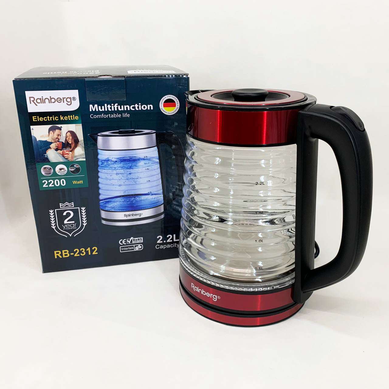 Електрочайник Rainberg RB-2312 скляний дисковий чайник 2.2л 2200Вт Red — изображение 5
