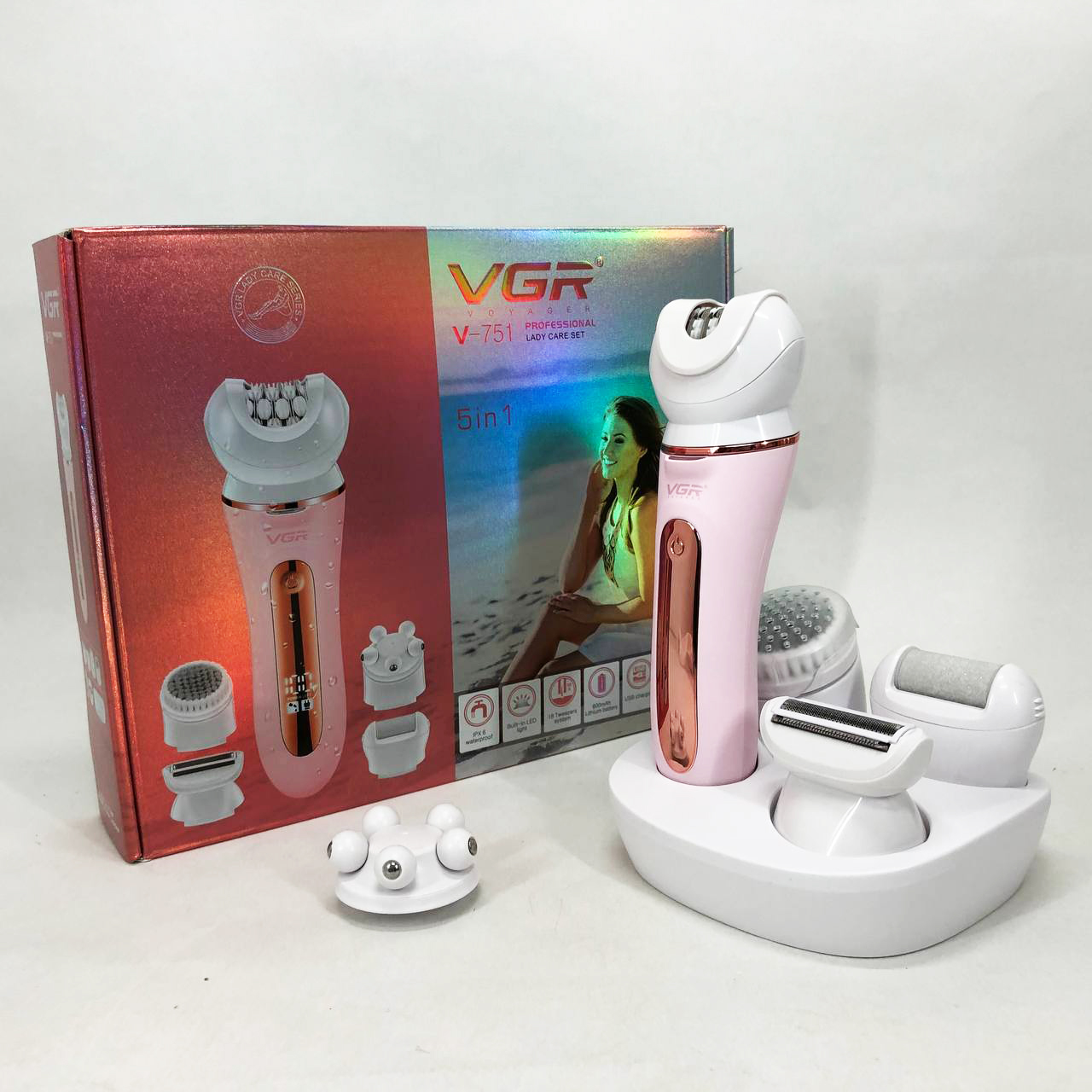 Епілятор VGR 5 в 1 V-751, 5 насадок. Колір: рожевий — изображение 16