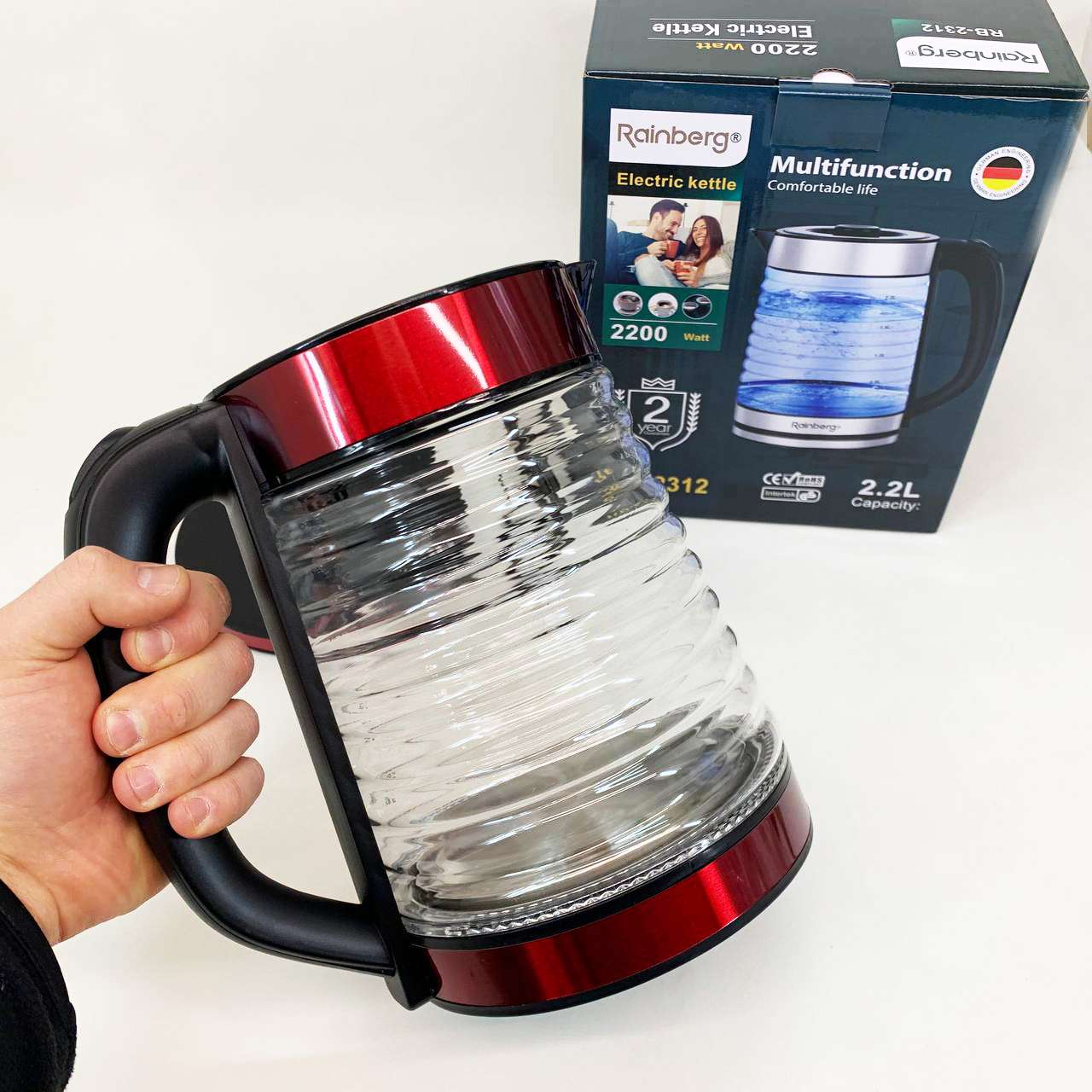 Електрочайник Rainberg RB-2312 скляний дисковий чайник 2.2л 2200Вт Red — изображение 2