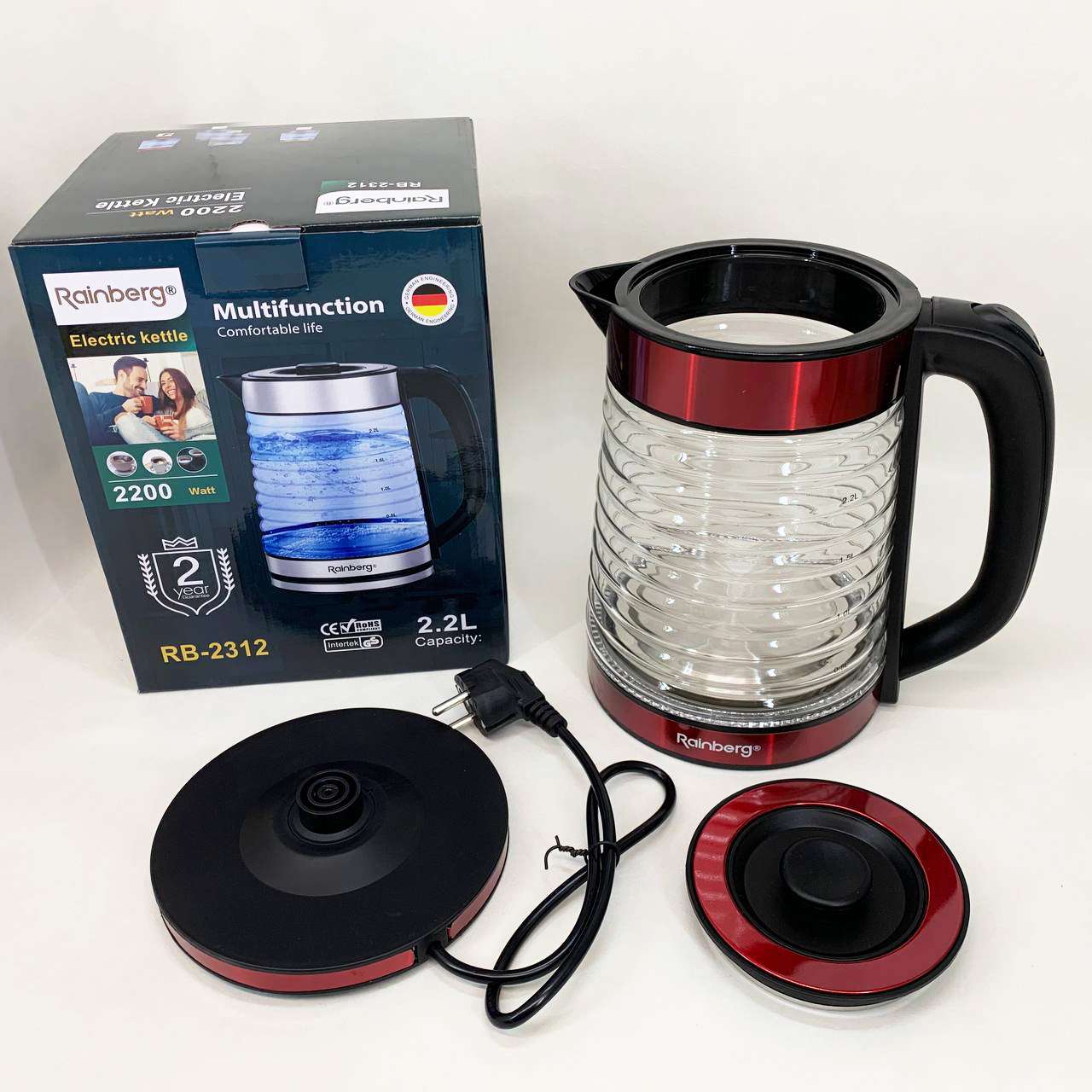 Електрочайник Rainberg RB-2312 скляний дисковий чайник 2.2л 2200Вт Red — изображение 4