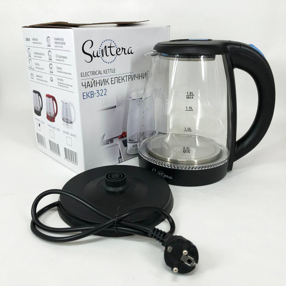 Скляний електричний чайник із підсвічуванням Suntera EKB-322B 1500 Вт чайники із підсвічуванням. Колір: чорний — изображение 5