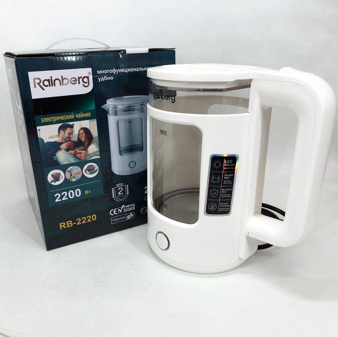 Електрочайник Rainberg RB-2220 скляний дисковий прозорий. Чайник із підсвічуванням 2200 Вт. Колір: білий