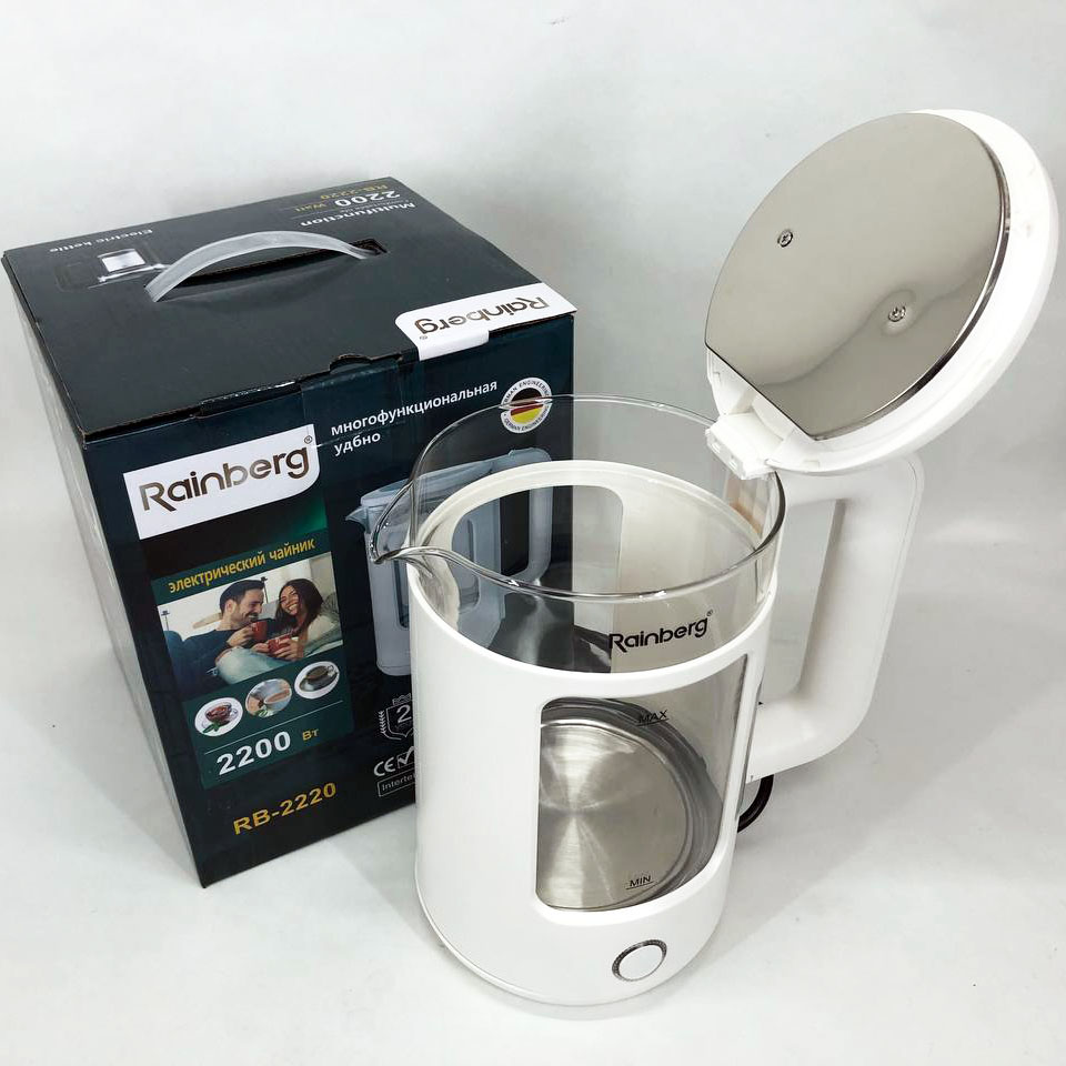 Електрочайник Rainberg RB-2220 скляний дисковий прозорий. Чайник із підсвічуванням 2200 Вт. Колір: білий — изображение 8