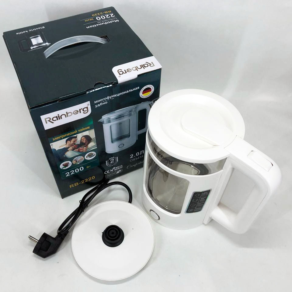 Електрочайник Rainberg RB-2220 скляний дисковий прозорий. Чайник із підсвічуванням 2200 Вт. Колір: білий — изображение 6