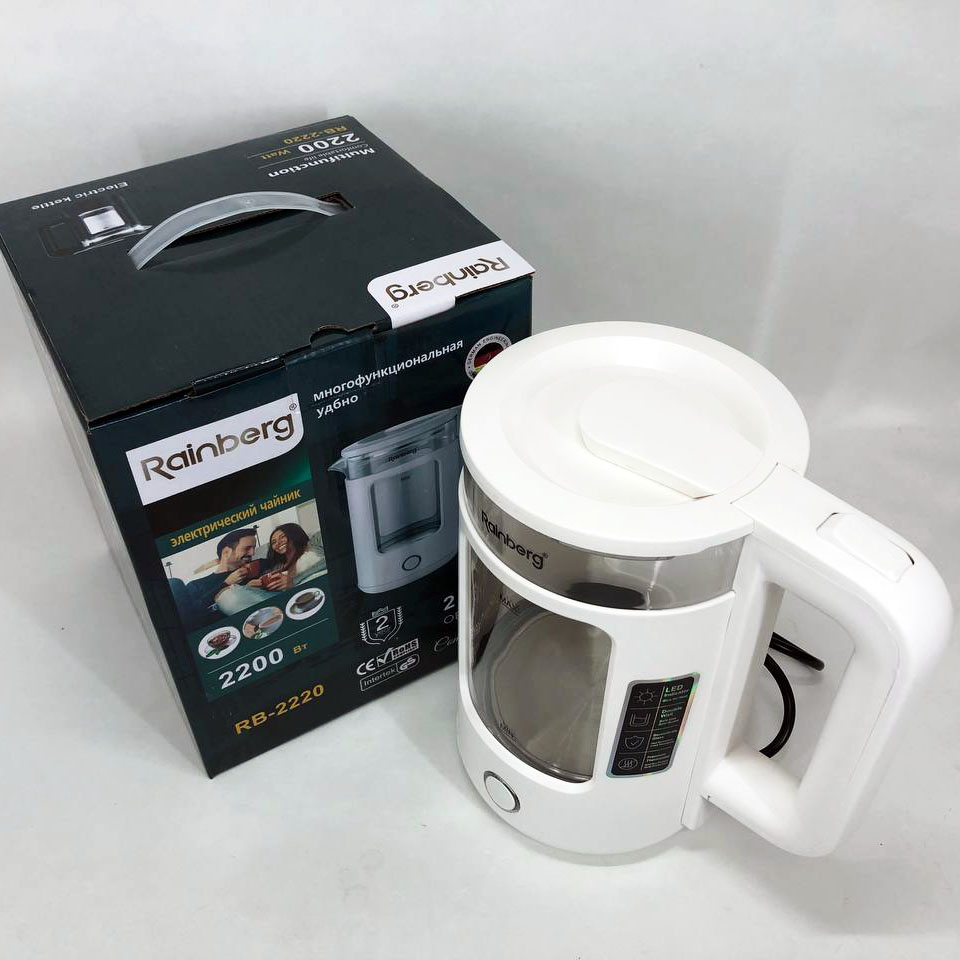 Електрочайник Rainberg RB-2220 скляний дисковий прозорий. Чайник із підсвічуванням 2200 Вт. Колір: білий — изображение 7