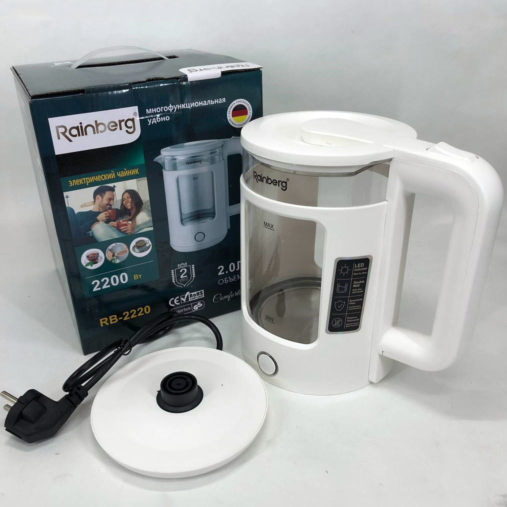 Електрочайник Rainberg RB-2220 скляний дисковий прозорий. Чайник із підсвічуванням 2200 Вт. Колір: білий — изображение 4