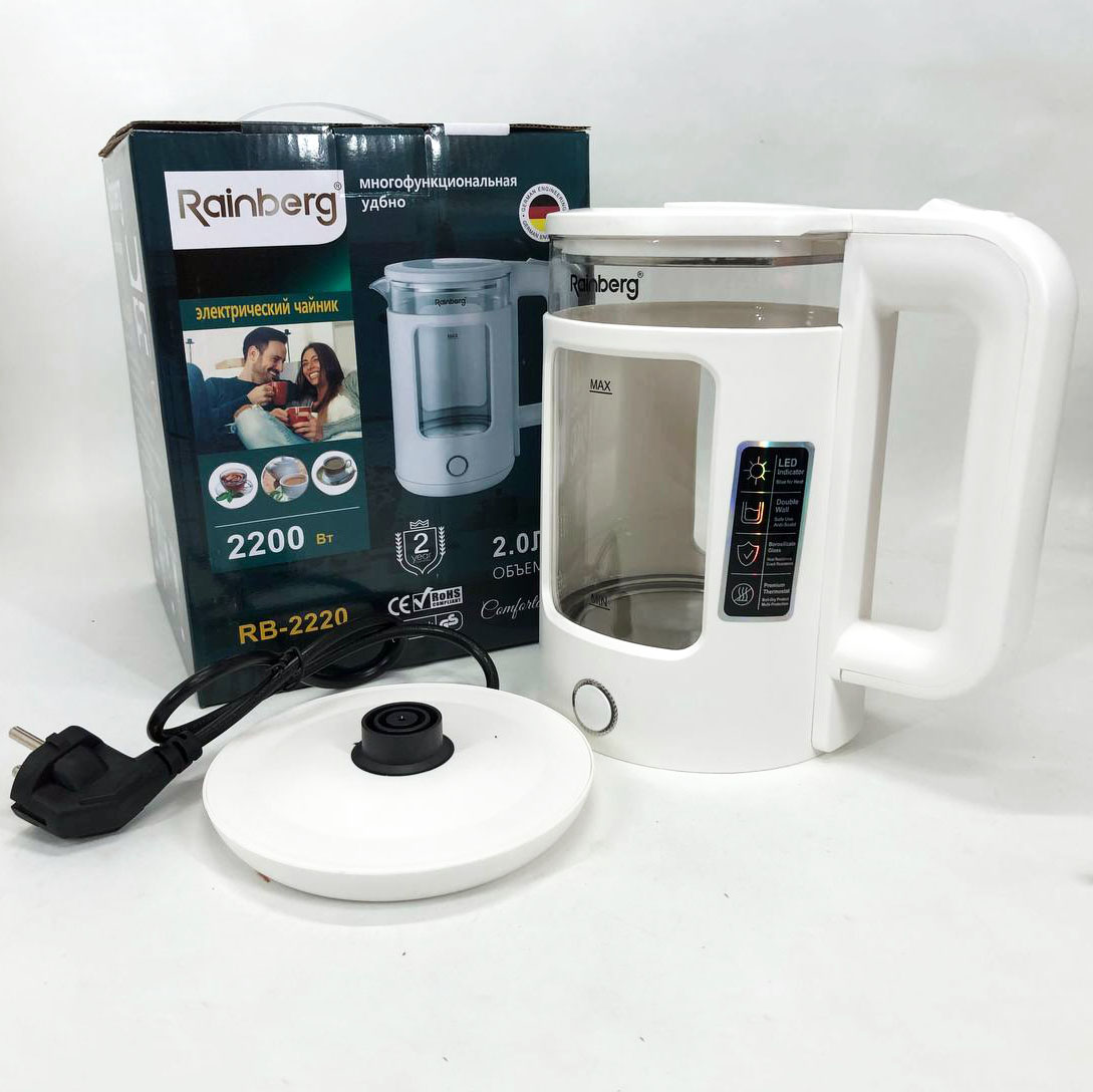 Електрочайник Rainberg RB-2220 скляний дисковий прозорий. Чайник із підсвічуванням 2200 Вт. Колір: білий — изображение 5