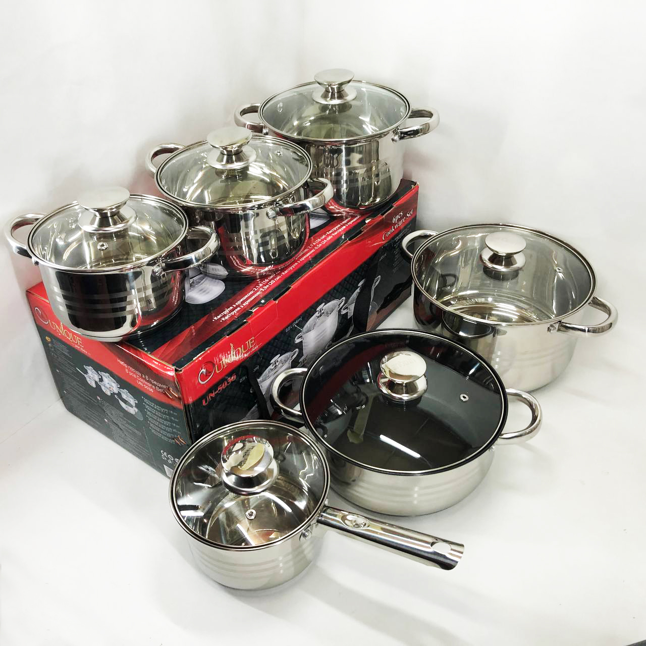 Набір посуду UNIQUE UN-5036 з нержавіючої сталі з товстим 5-ти шаровим дном з скляними склянками 12 предметів — изображение 14