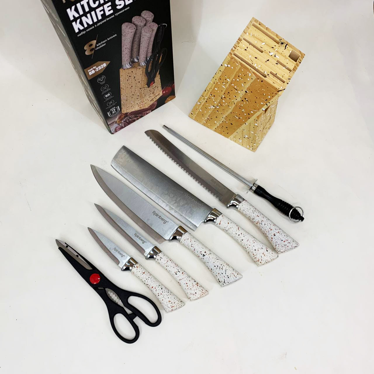 Набір ножів із нержавіючої сталі з основою Rainberg RB-2328 White — изображение 6