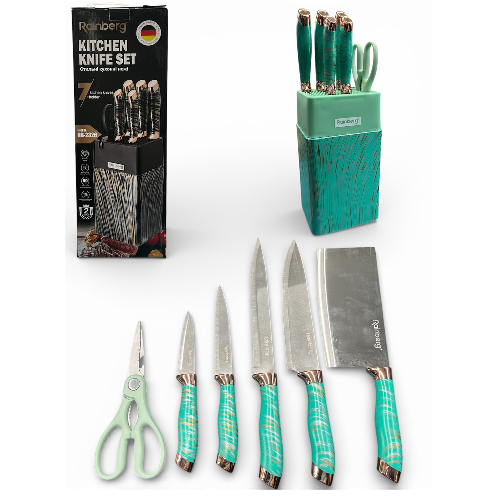Набір ножів із нержавіючої сталі з основою Rainberg RB-2326 Green
