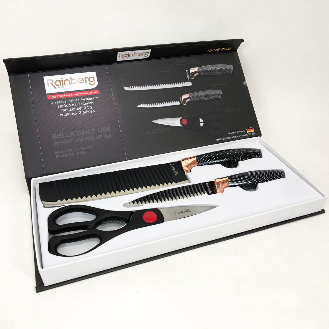Набір кухонних ножів Rainberg RB-8803 3 в 1 з нержавіючої сталі з керамічним покриттям. — изображение 7