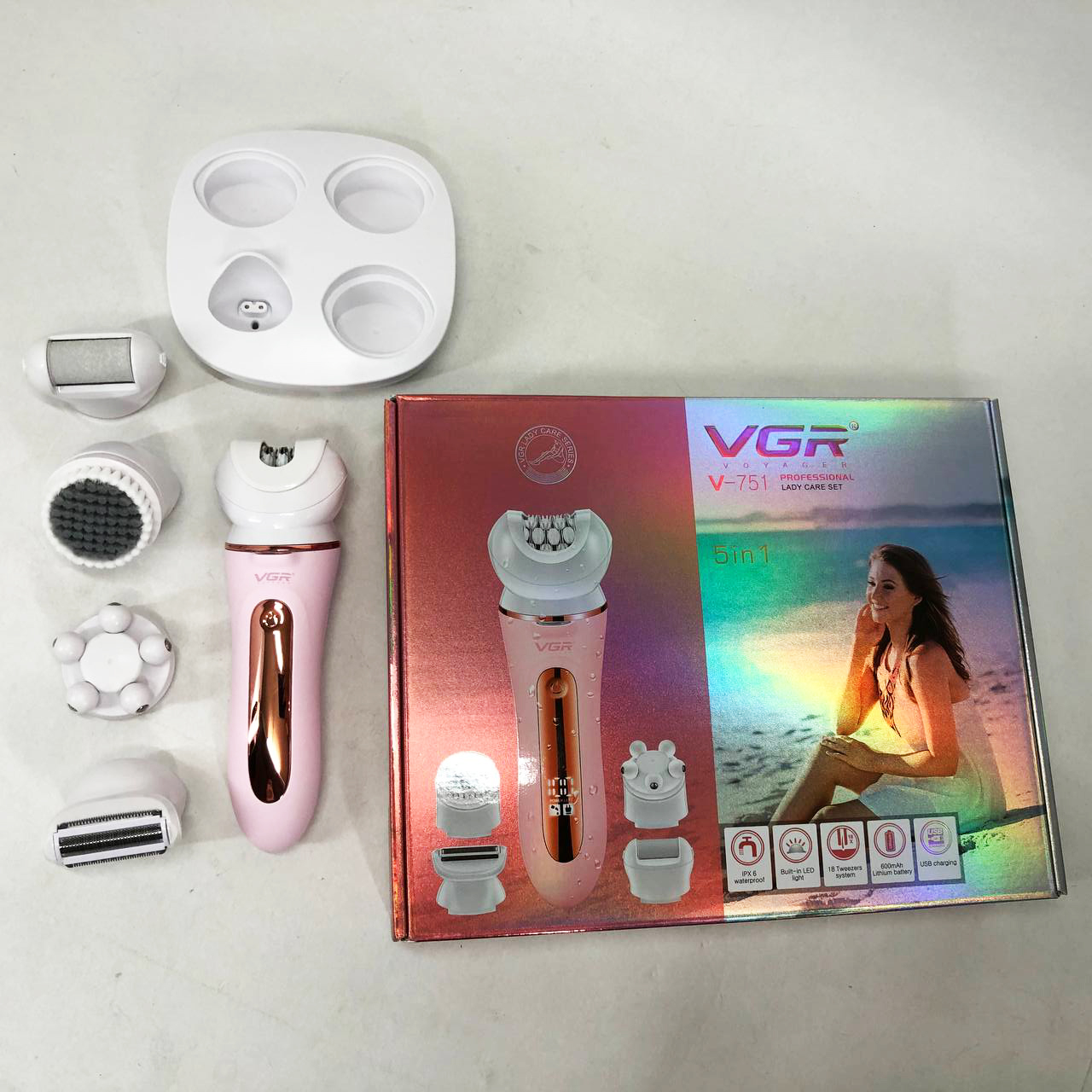 Епілятор VGR 5 в 1 V-751, 5 насадок. Колір: рожевий — изображение 8