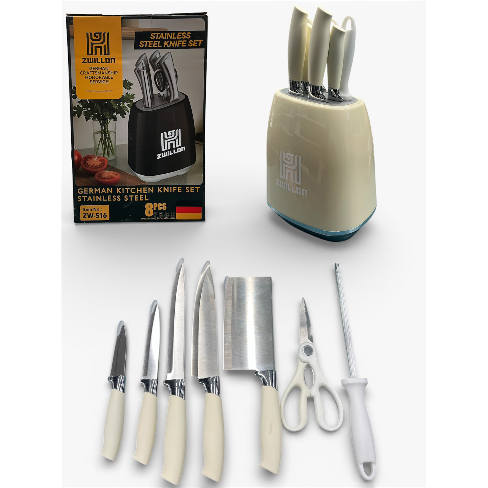 Набір ножів із нержавіючої сталі з основою Rainberg RB-2330 White