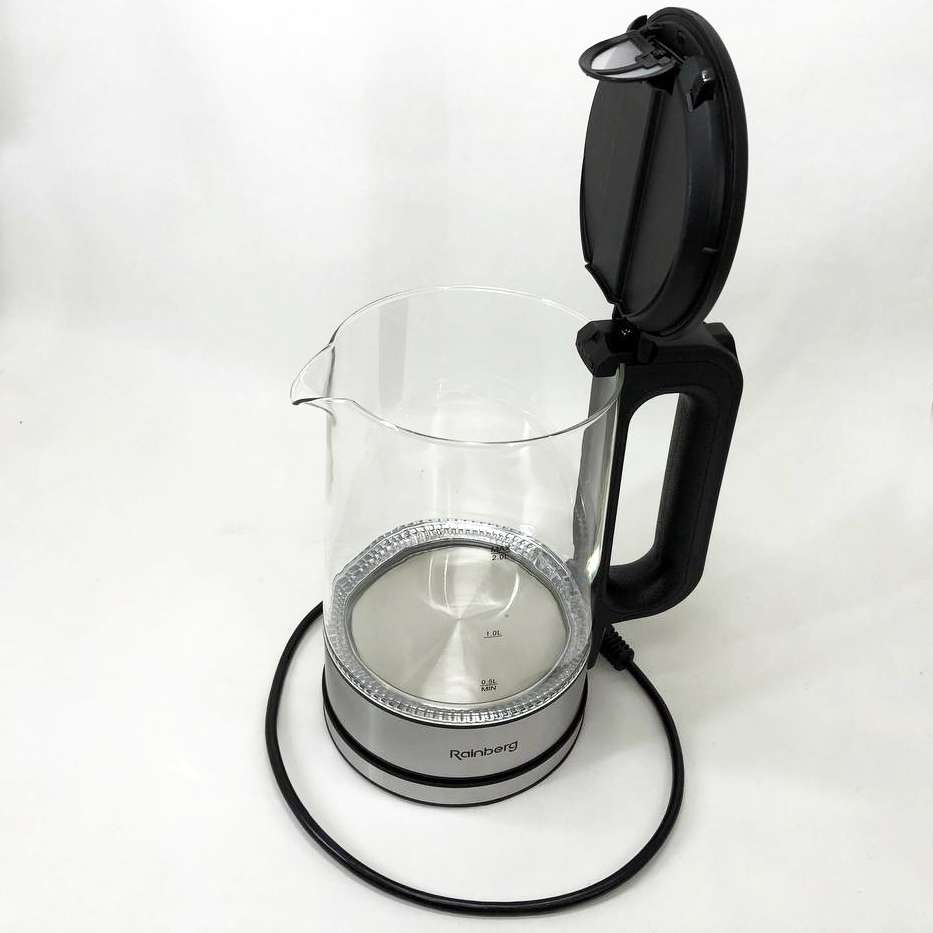 Дисковий електричний чайник Rainberg RB-709 скляний із підсвічуванням, безшумний чайник. Колір: чорний — изображение 12