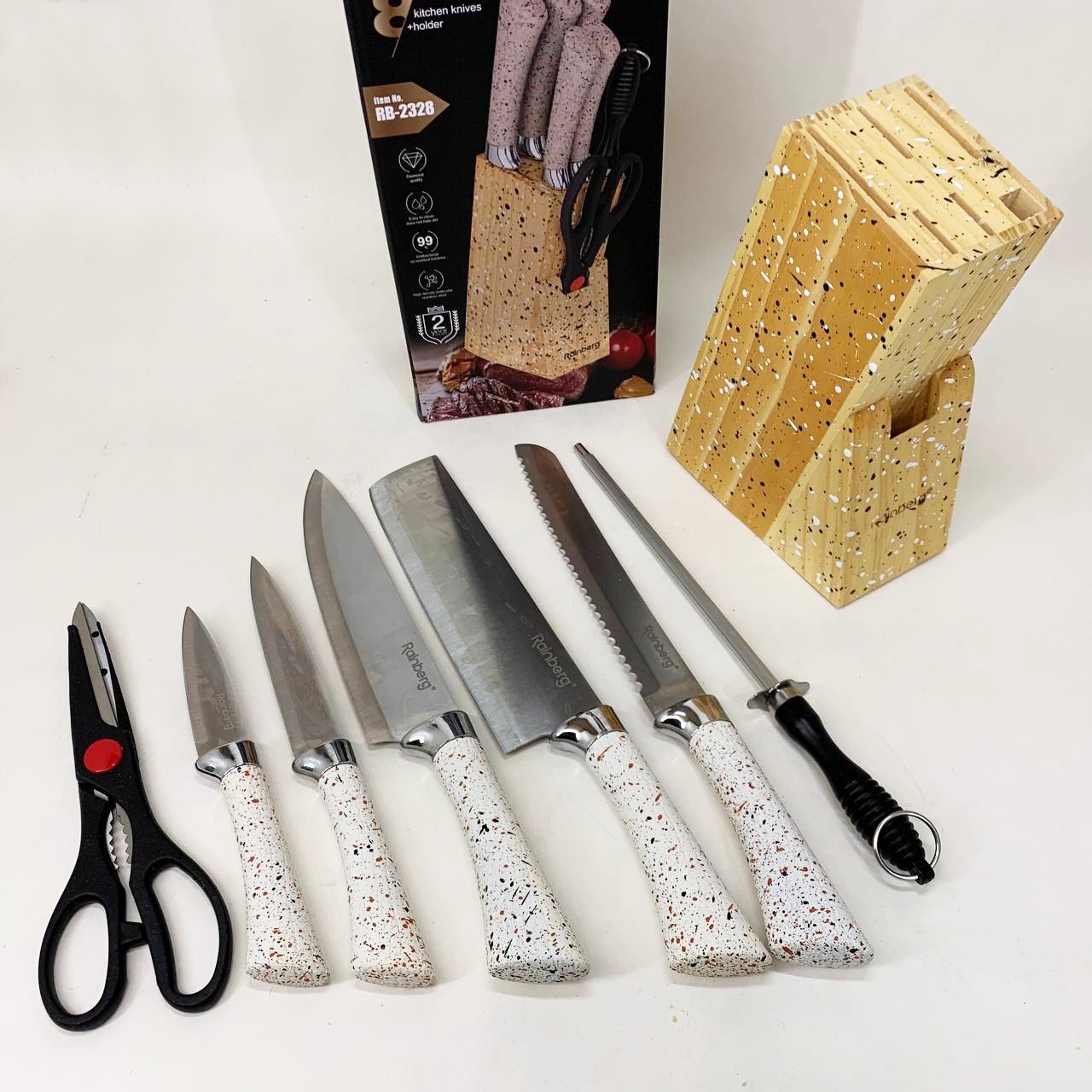 Набір ножів із нержавіючої сталі з основою Rainberg RB-2328 White — изображение 8
