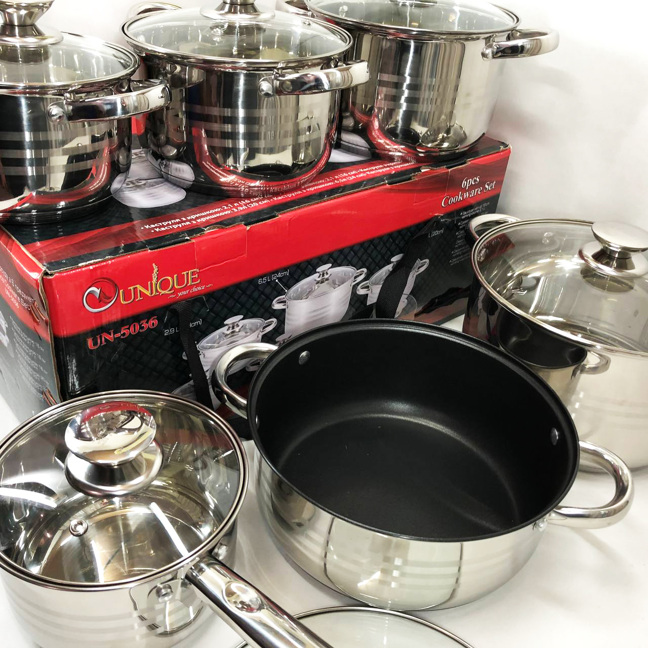 Набір посуду UNIQUE UN-5036 з нержавіючої сталі з товстим 5-ти шаровим дном з скляними склянками 12 предметів — изображение 17