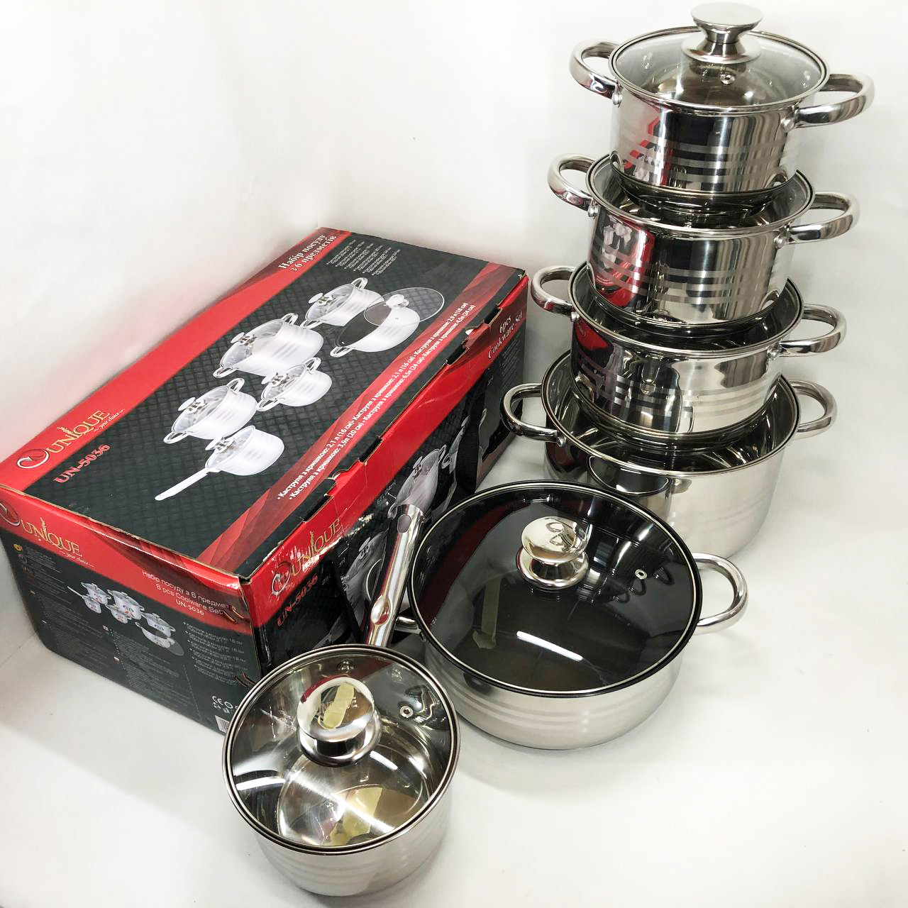Набір посуду UNIQUE UN-5036 з нержавіючої сталі з товстим 5-ти шаровим дном з скляними склянками 12 предметів — изображение 6