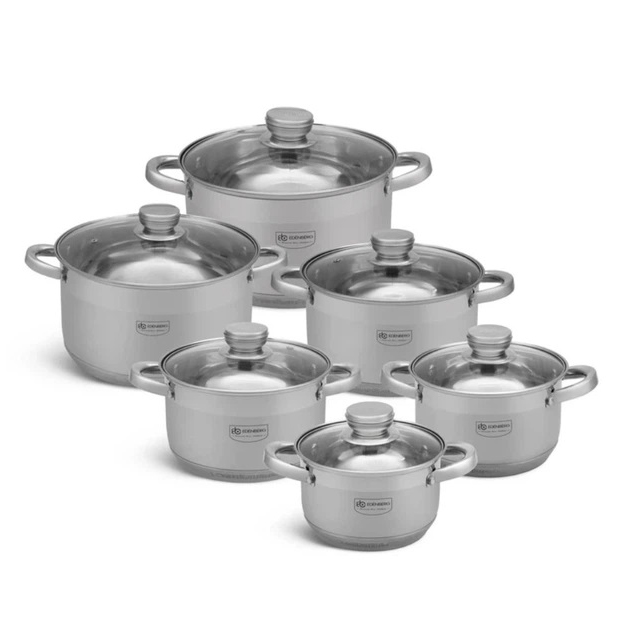 Набір каструль із сталі Edenberg EB-4036 12шт 2.1л–7.5л, 5-шарове капсульне дно, клепані ручки, індукція