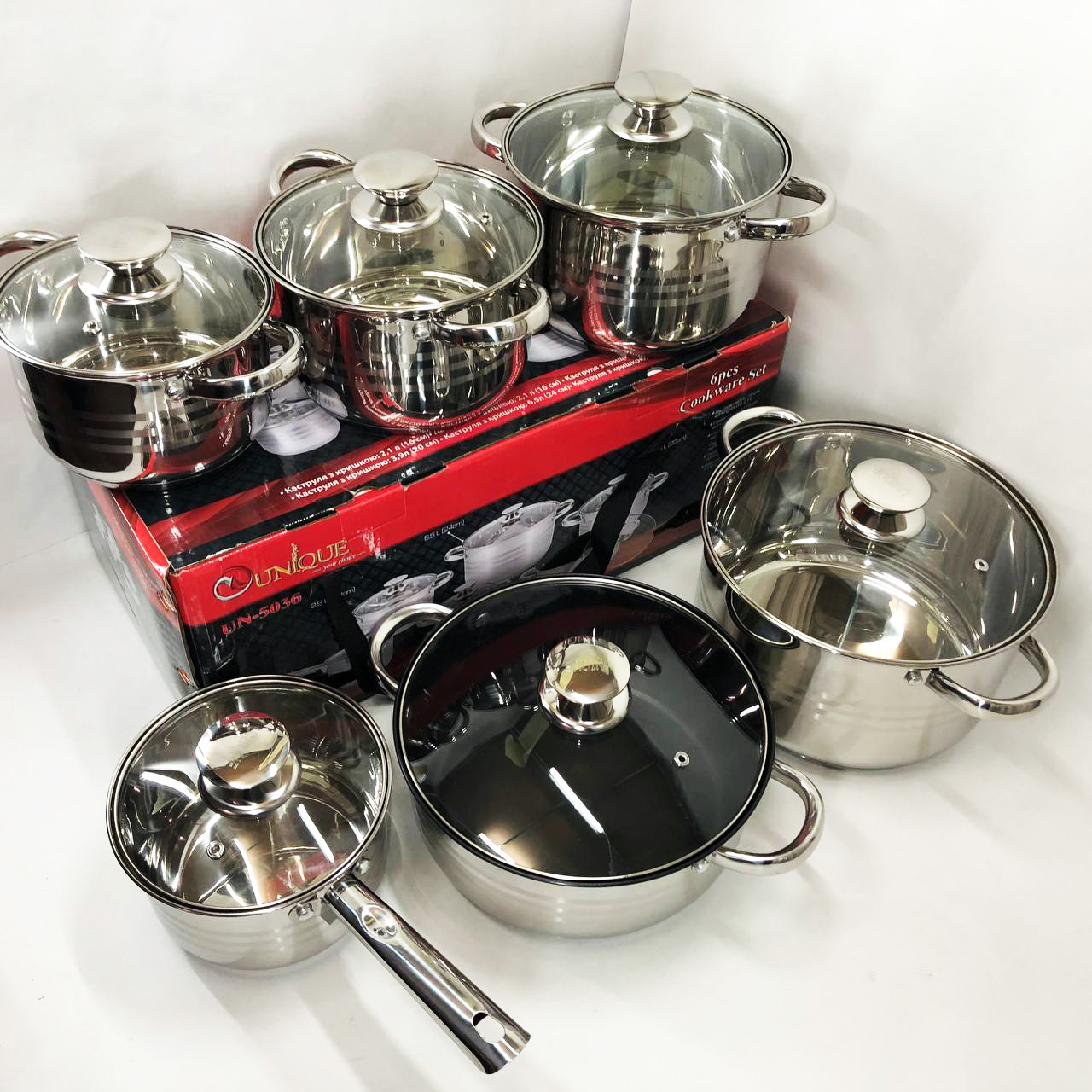 Набір посуду UNIQUE UN-5036 з нержавіючої сталі з товстим 5-ти шаровим дном з скляними склянками 12 предметів — изображение 16