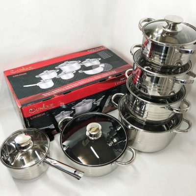 Набір посуду UNIQUE UN-5036 з нержавіючої сталі з товстим 5-ти шаровим дном з скляними склянками 12 предметів