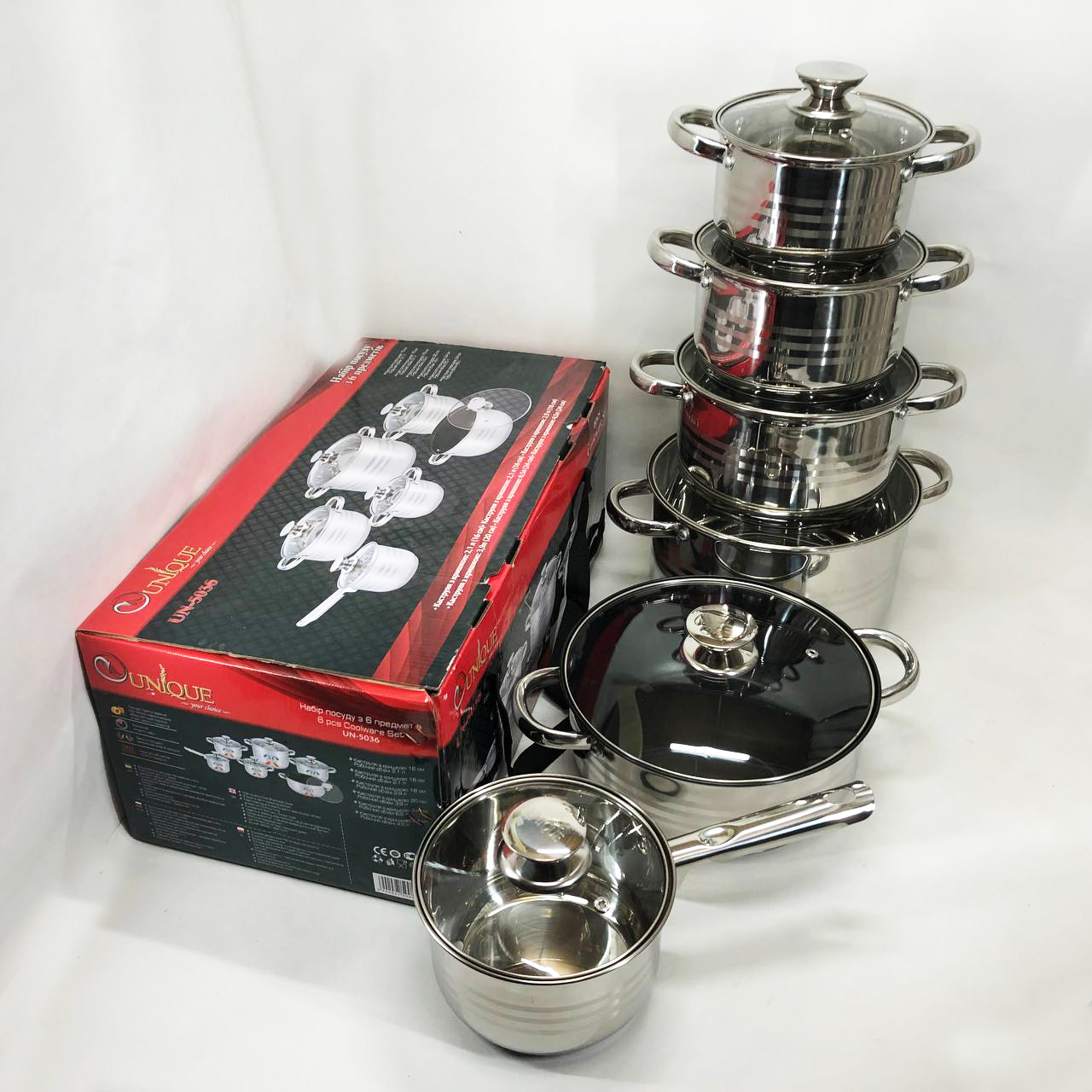 Набір посуду UNIQUE UN-5036 з нержавіючої сталі з товстим 5-ти шаровим дном з скляними склянками 12 предметів — изображение 12