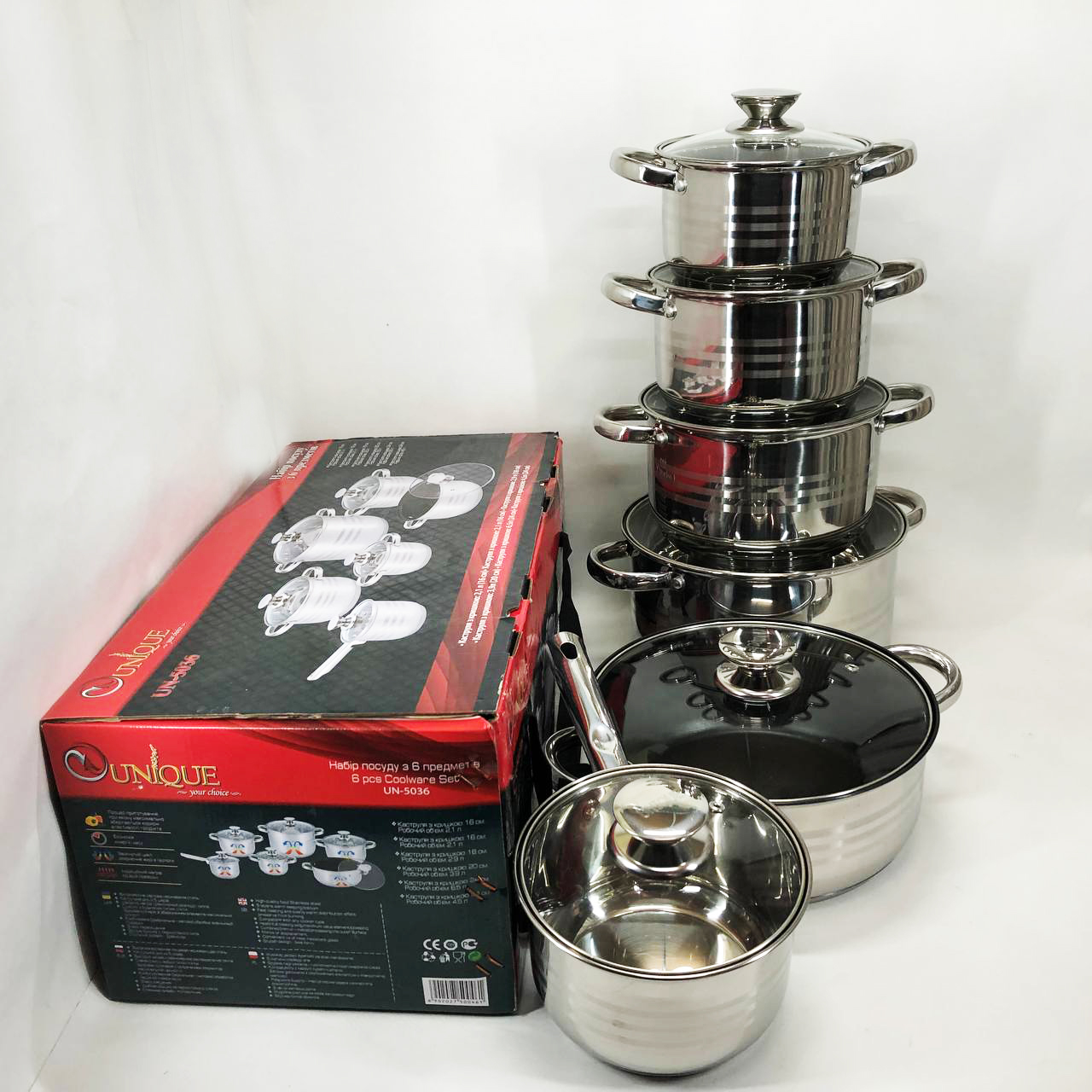 Набір посуду UNIQUE UN-5036 з нержавіючої сталі з товстим 5-ти шаровим дном з скляними склянками 12 предметів — изображение 9