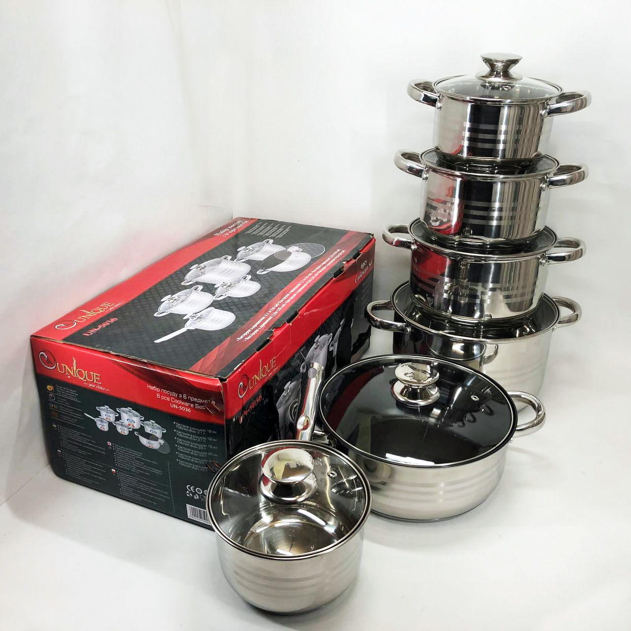 Набір посуду UNIQUE UN-5036 з нержавіючої сталі з товстим 5-ти шаровим дном з скляними склянками 12 предметів — изображение 5