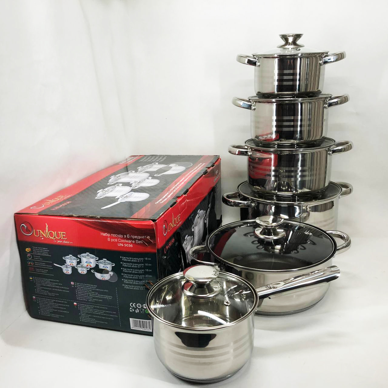 Набір посуду UNIQUE UN-5036 з нержавіючої сталі з товстим 5-ти шаровим дном з скляними склянками 12 предметів — изображение 11