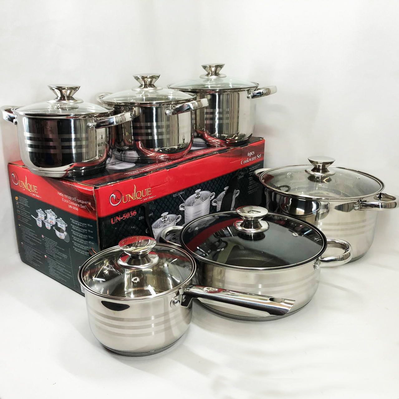 Набір посуду UNIQUE UN-5036 з нержавіючої сталі з товстим 5-ти шаровим дном з скляними склянками 12 предметів — изображение 2