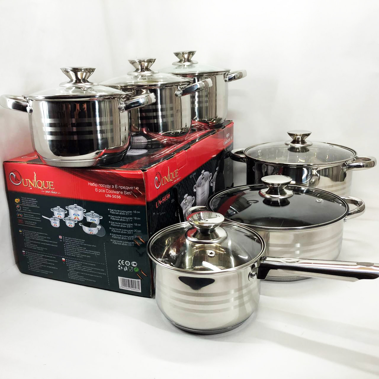 Набір посуду UNIQUE UN-5036 з нержавіючої сталі з товстим 5-ти шаровим дном з скляними склянками 12 предметів — изображение 3