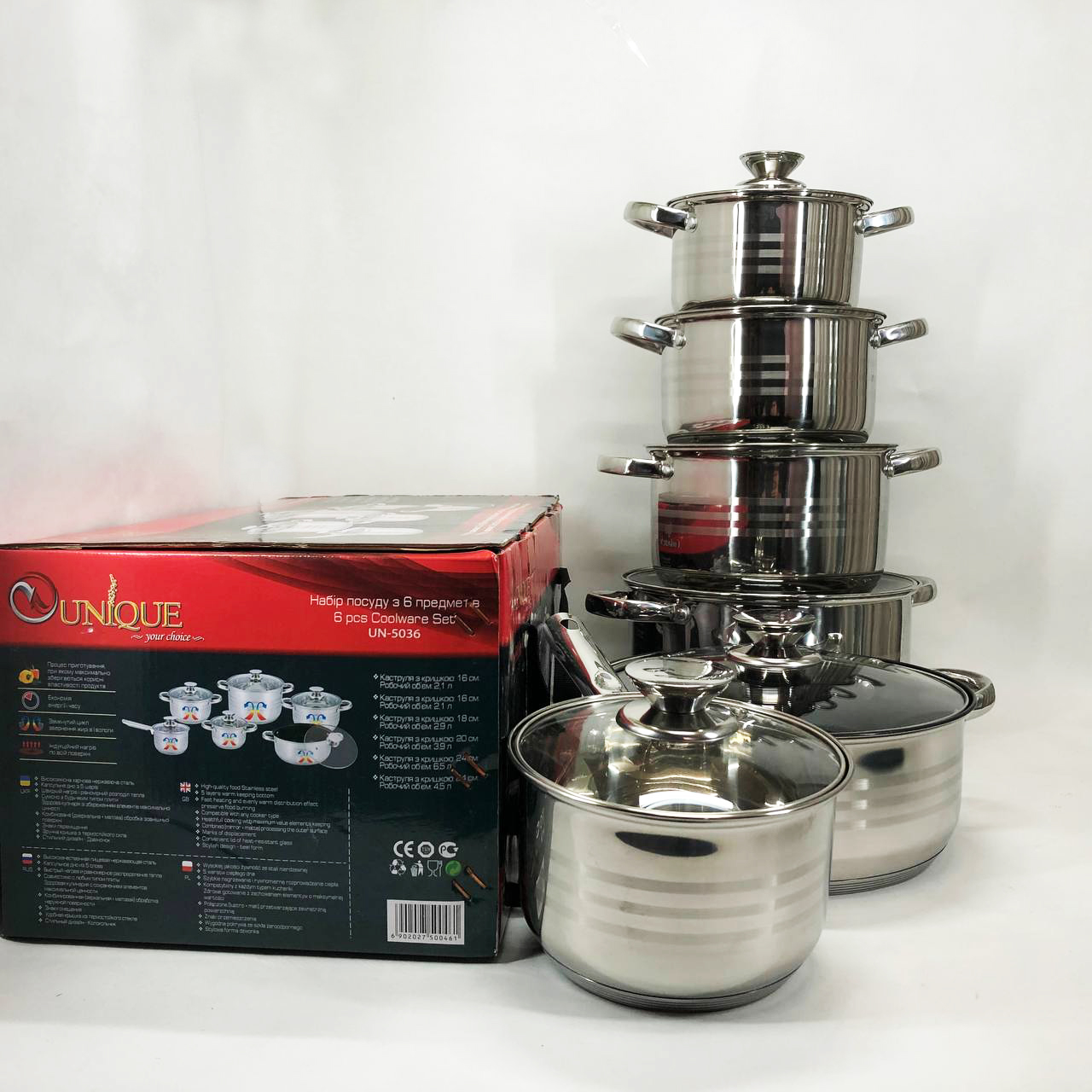 Набір посуду UNIQUE UN-5036 з нержавіючої сталі з товстим 5-ти шаровим дном з скляними склянками 12 предметів — изображение 10