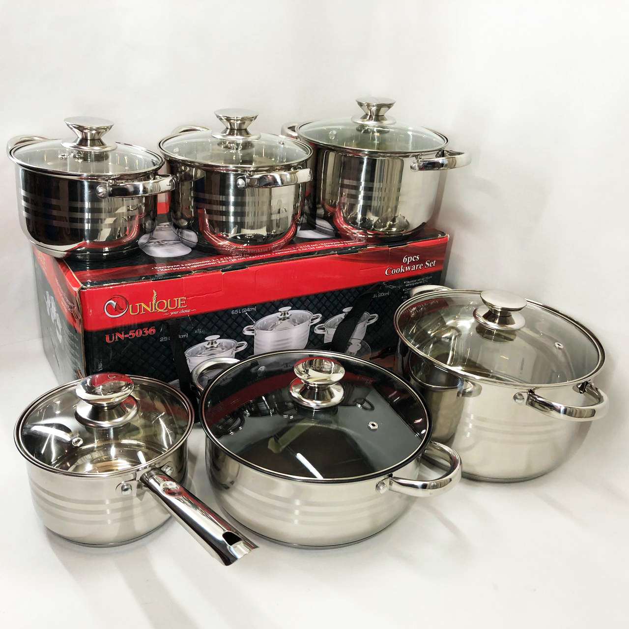 Набір посуду UNIQUE UN-5036 з нержавіючої сталі з товстим 5-ти шаровим дном з скляними склянками 12 предметів — изображение 15